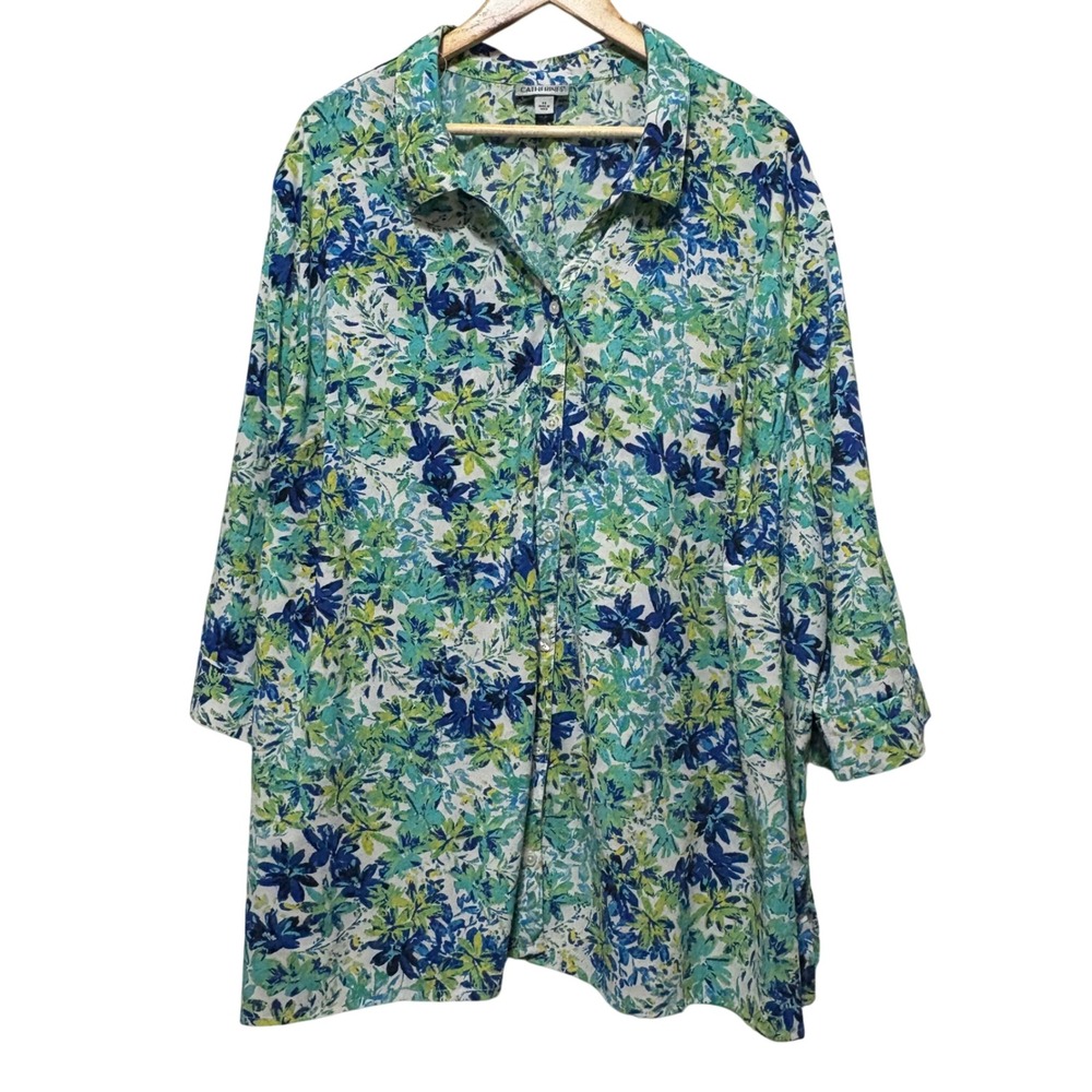 Catherines Womens Cottage Tunic Button Top‎ 4X Blue Green Floral Tropical Resort